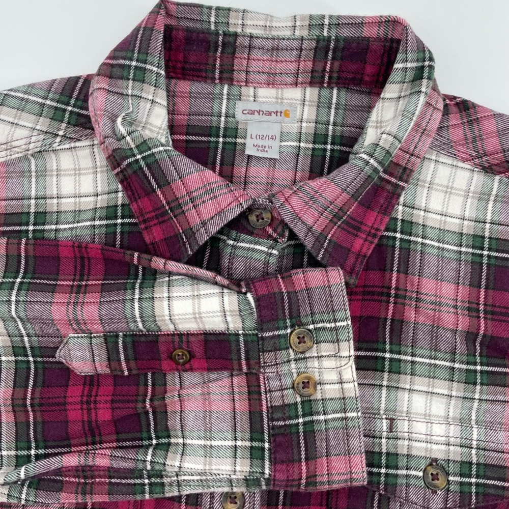 Carhartt Girls L 12/14 Plaid Button Down Shirt Magenta Green 102260 654